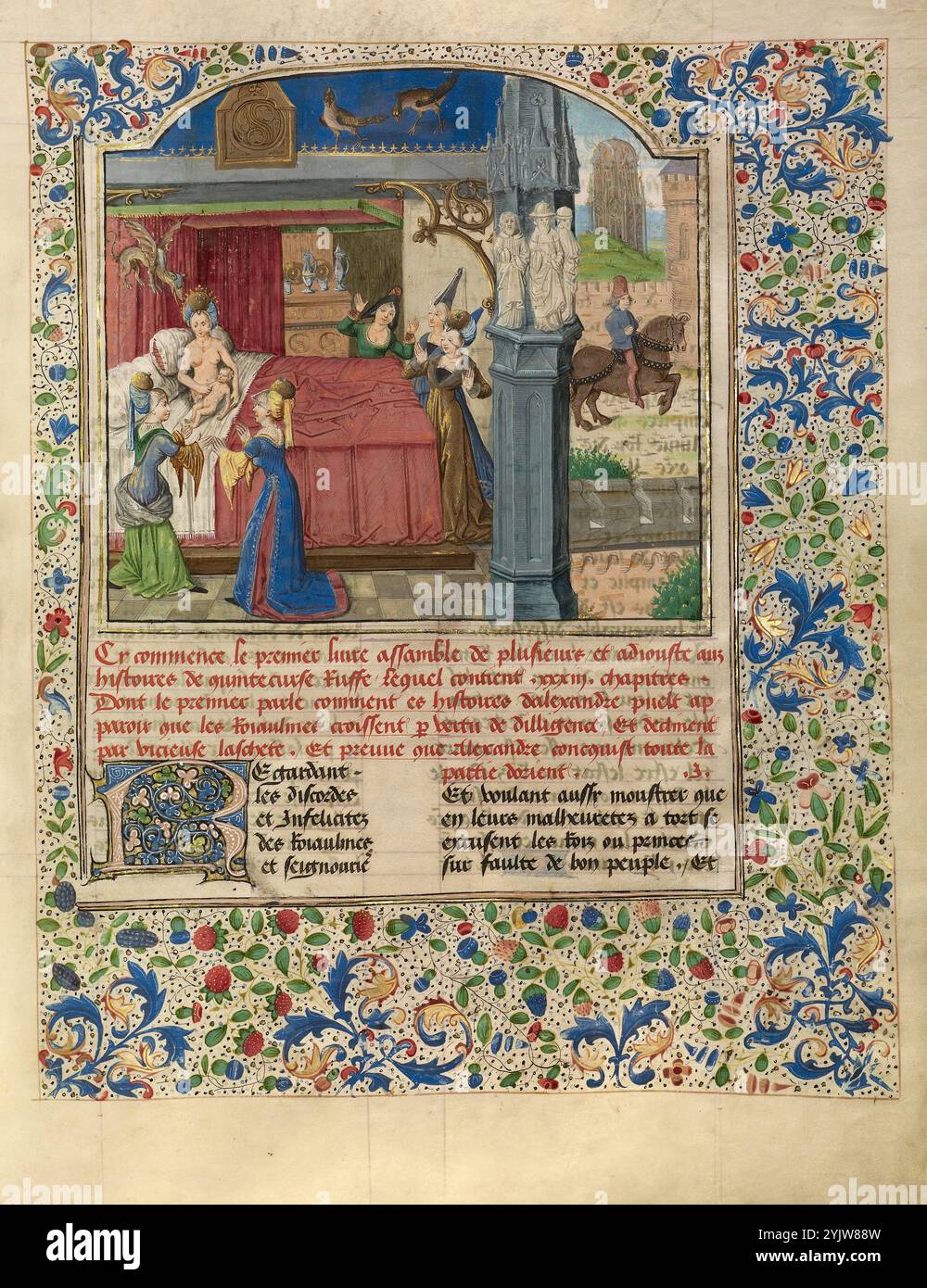 Die Geburt Alexanders; Livre des fais d’Alexandre le Grant, um 1470–1475. Weitere Informationen: Die Erzählung über die Taten des mazedonischen Führers Alexander des Großen beginnt mit seiner Geburt, die in dieser Miniatur veranschaulicht wird. In der Hauptszene setzt sich seine Mutter Olympias, die Ehefrau Philipps von Makedonien, ins Bett, um das Neugeborene Alexander ihren Wartenden zu übergeben. Mit prächtigen Kleidungsstücken und raffinierten Hüten, sind sie aufgeregt. Der über Olympias Kopf fliegende Drache bezieht sich auf Alexanders angebliche göttliche Herkunft: Laut dem Delphischen orakel hat Olympias Alexan entwickelt Stockfoto