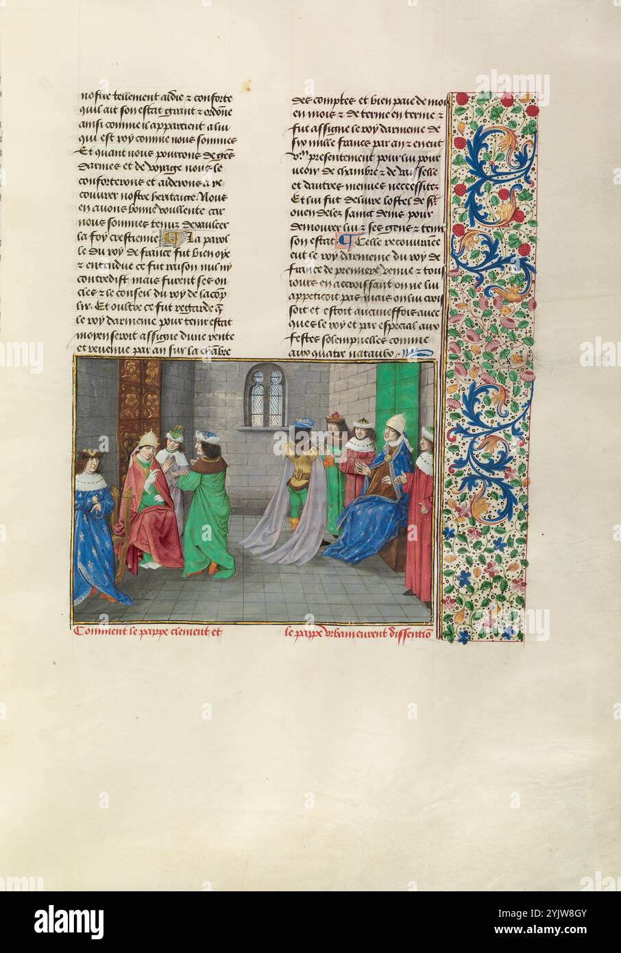 Papst Urban VI. Und Papst Clemens VII., 1378; Chroniques (Buch drei); Papst Urban VI. Und Papst Clemens VII. In Avignon, um 1480–1483. Zusätzliche Informationen: Jean Froissart konzentrierte sich in seiner Chronik hauptsächlich auf politische Manöver und Schlachten, schrieb aber auch über die Probleme des Papsttums. Dieses Bild veranschaulicht die verwirrende Situation, die durch das große Schisma verursacht wurde, das 1378 mit der Wahl verschiedener Päpste durch zwei entgegengesetzte Gruppen von Kardinälen begann. Anfang 1378 wählte eine Gruppe hauptsächlich italienischer Kardinäle Urban VI. Zum Papst. Später im selben Jahr Stockfoto