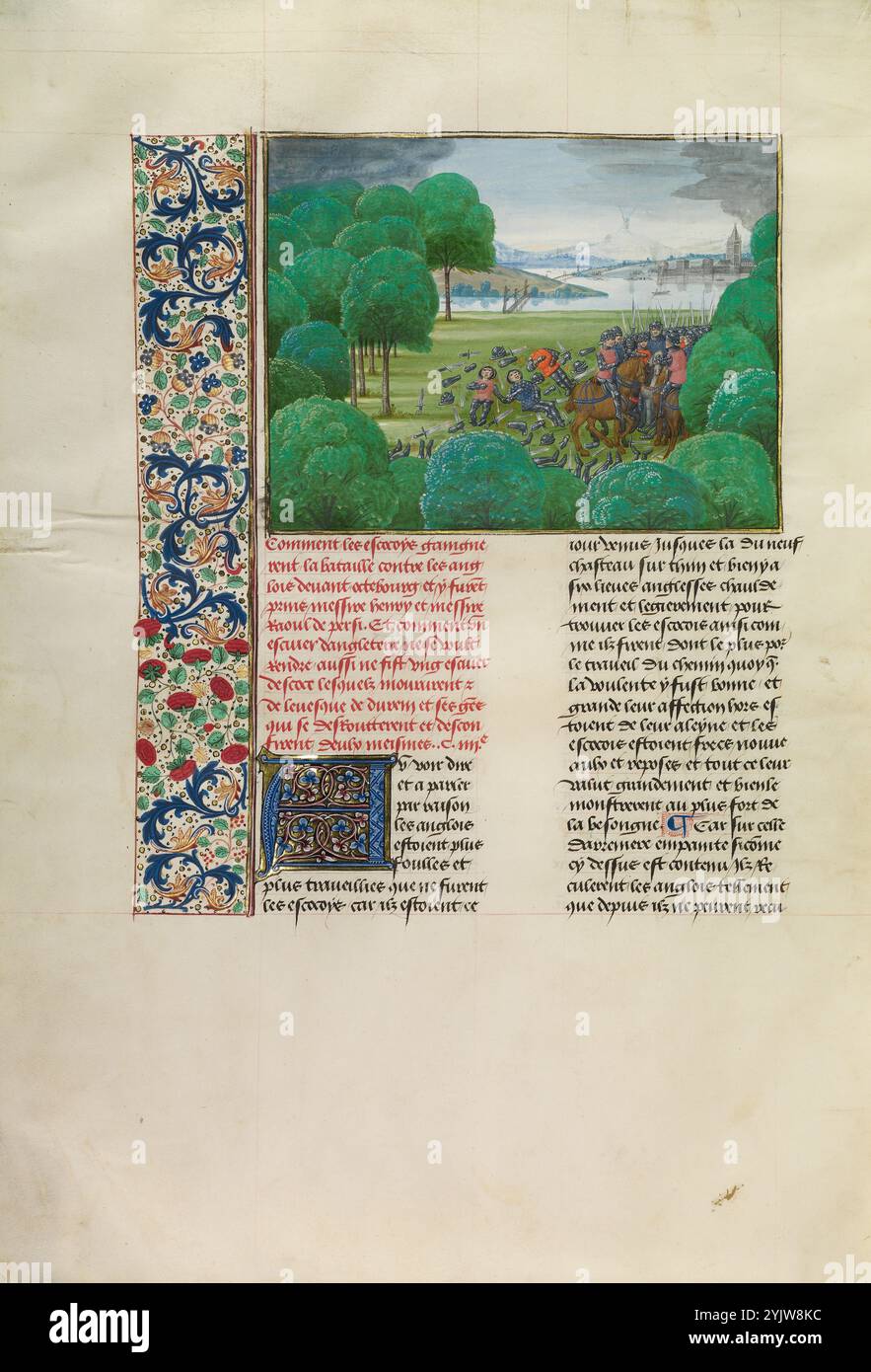 Der Schotte besiegte die Engländer und nahm Henry und Ralph Percy, um 1388; Chroniques (Buch drei), um 1480–1483. Stockfoto