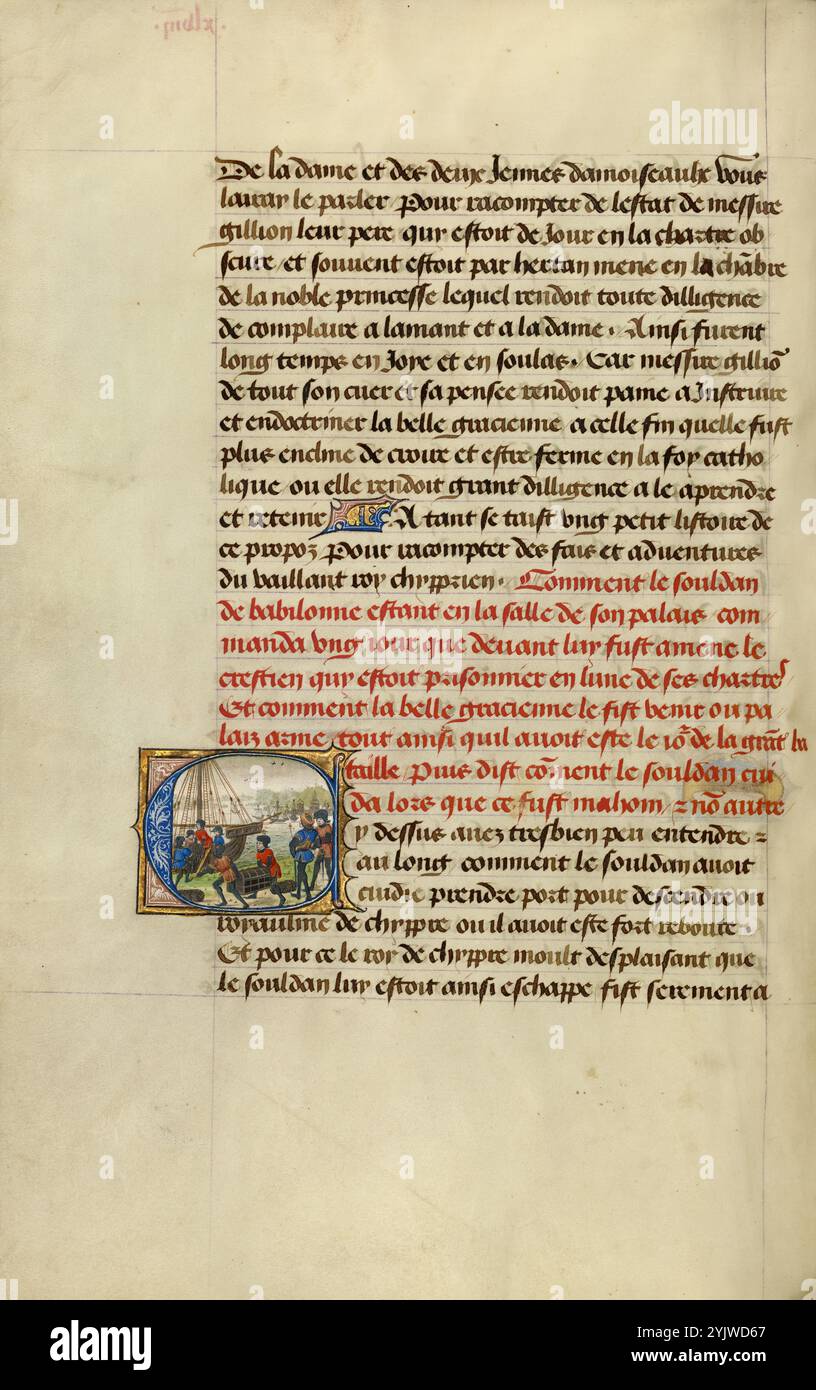 Initial C: Truppen laden Proviant auf ein Schiff; Roman de Gillion de Trazegnies, 1464. Zusatzinfo: Diese Handschrift folgt den abenteuerlichen und romantischen Taten des mittelalterlichen Adligen Gillion de Trazegnies, der auf Pilgerreise nach Ägypten reist, irrtümlich zum Bigamisten wird und im Kampf als glorreicher Held stirbt. Neben detaillierten Darstellungen europäischer Architektur und zeitgenössischer Kleidung gibt es auch fantasievolle Referenzen auf exotische östliche Reisen und Bräuche wie Kamele, blinkende Skimitare und Turbanfiguren. Die Geschichte umfasst treue Liebe, ruchlose Bösewichte, Familie Stockfoto