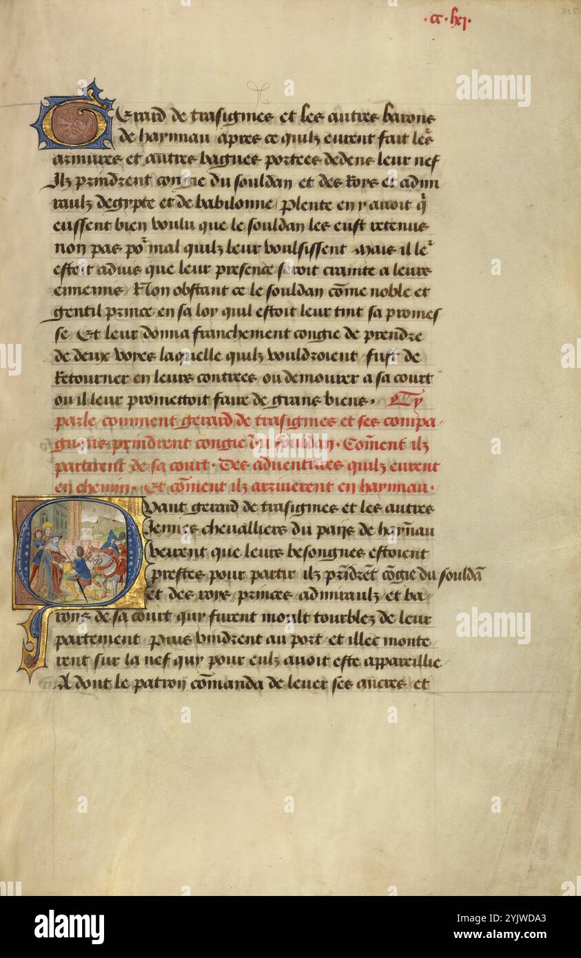 Initial Q: Gillions Sohn Gerard nimmt Abschied vom Sultan; Roman de Gillion de Trazegnies, 1464. Zusatzinfo: Diese Handschrift folgt den abenteuerlichen und romantischen Taten des mittelalterlichen Adligen Gillion de Trazegnies, der auf Pilgerreise nach Ägypten reist, irrtümlich zum Bigamisten wird und im Kampf als glorreicher Held stirbt. Neben detaillierten Darstellungen europäischer Architektur und zeitgenössischer Kleidung gibt es auch fantasievolle Referenzen auf exotische östliche Reisen und Bräuche wie Kamele, blinkende Skimitare und Turbanfiguren. Die Geschichte beinhaltet treue Liebe, ruchlose Bösewichte, Stockfoto