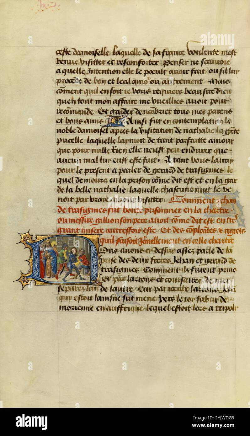 Initial N: Soldaten, die Gillions Sohn Jean ins Gefängnis schleppen; Roman de Gillion de Trazegnies, 1464. Zusatzinfo: Diese Handschrift folgt den abenteuerlichen und romantischen Taten des mittelalterlichen Adligen Gillion de Trazegnies, der auf Pilgerreise nach Ägypten reist, irrtümlich zum Bigamisten wird und im Kampf als glorreicher Held stirbt. Neben detaillierten Darstellungen europäischer Architektur und zeitgenössischer Kleidung gibt es auch fantasievolle Referenzen auf exotische östliche Reisen und Bräuche wie Kamele, blinkende Skimitare und Turbanfiguren. Die Geschichte beinhaltet treue Liebe, ruchlose Bösewichte, Stockfoto