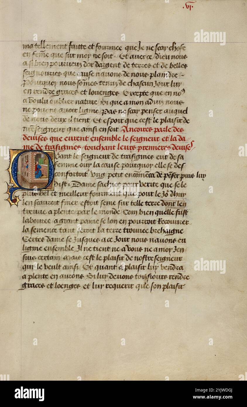 Initial Q: Gillion und Marie guckend auf Karp und Gillion Praying; Roman de Gillion de Trazegnies, 1464. Zusatzinfo: Diese Handschrift folgt den abenteuerlichen und romantischen Taten des mittelalterlichen Adligen Gillion de Trazegnies, der auf Pilgerreise nach Ägypten reist, irrtümlich zum Bigamisten wird und im Kampf als glorreicher Held stirbt. Neben detaillierten Darstellungen europäischer Architektur und zeitgenössischer Kleidung gibt es auch fantasievolle Referenzen auf exotische östliche Reisen und Bräuche wie Kamele, blinkende Skimitare und Turbanfiguren. Die Geschichte beinhaltet treue Liebe, ruchlose Hölle Stockfoto