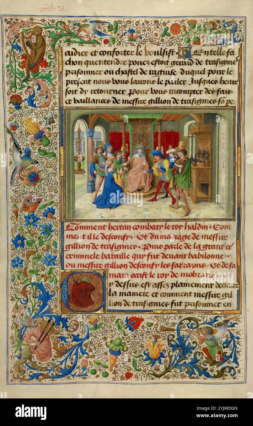 König Haldin beschuldigt die Tochter des Sultans Gracienne des unehrenhaften Verhaltens; Roman de Gillion de Trazegnies, 1464. Zusatzinfo: Diese Handschrift folgt den abenteuerlichen und romantischen Taten des mittelalterlichen Adligen Gillion de Trazegnies, der auf Pilgerreise nach Ägypten reist, irrtümlich zum Bigamisten wird und im Kampf als glorreicher Held stirbt. Neben detaillierten Darstellungen europäischer Architektur und zeitgenössischer Kleidung gibt es auch fantasievolle Referenzen auf exotische östliche Reisen und Bräuche wie Kamele, blinkende Skimitare und Turbanfiguren. Die Geschichte beinhaltet treue Liebe, Stockfoto