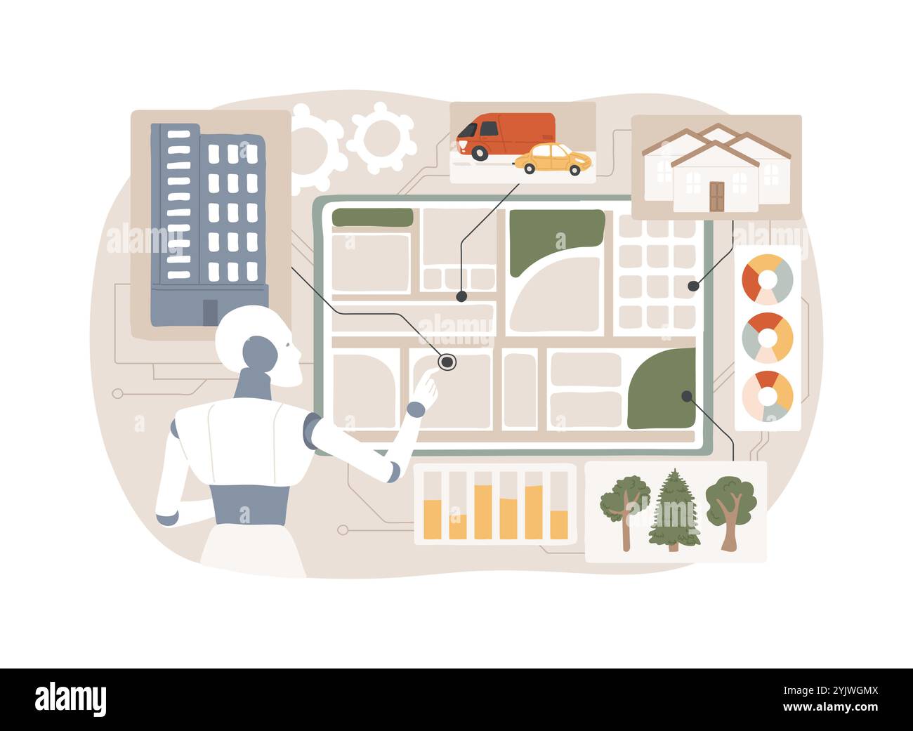 KI-optimierte Stadtplanung abstrakte Konzeptvektorillustration. Stock Vektor