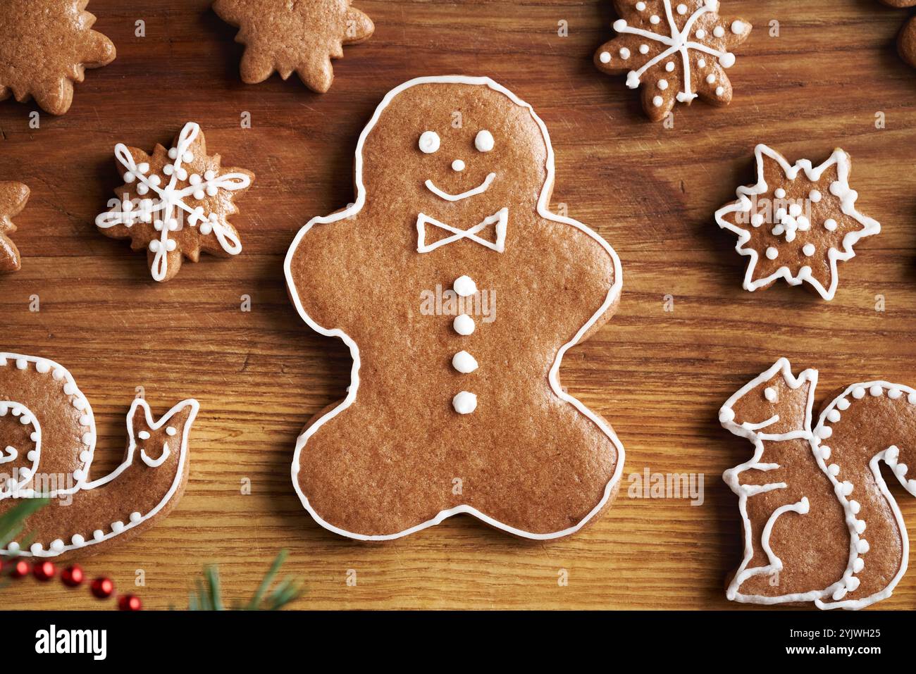 Hausgemachte Lebkuchen Weihnachtskekse in Form von Menschen, Sternen und Waldtieren dekoriert mit weißer Glasur, Blick von oben Stockfoto