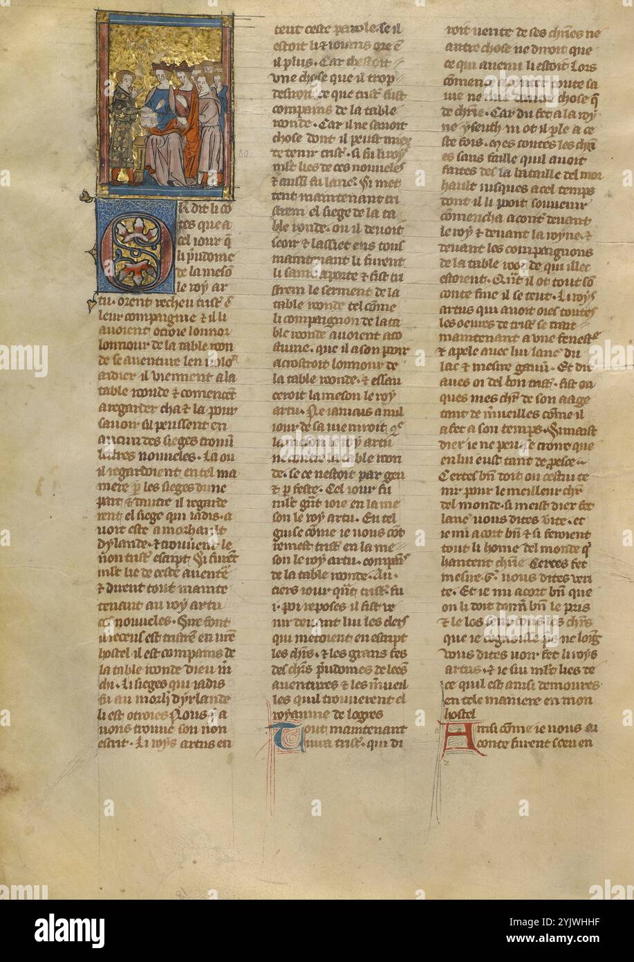 Tristan sprach mit König Artus, Königin Genevieve und Rittern; Roman du Bon Chevalier Tristan, Fils au Bon Roy Meliadus de Leonois, um 1320–1340. Seite aus einem Buch, das auf der mittelalterlichen Ritterromantik von Tristan und Iseult basiert, auch bekannt als Tristan und Isolde. Die Illustratorin Jeanne Montbason (aktiv um 1325–1353) war eine französische Künstlerin und Buchhändlerin, die zusammen mit ihrem Mann einen Buchladen in Paris leitete. Stockfoto