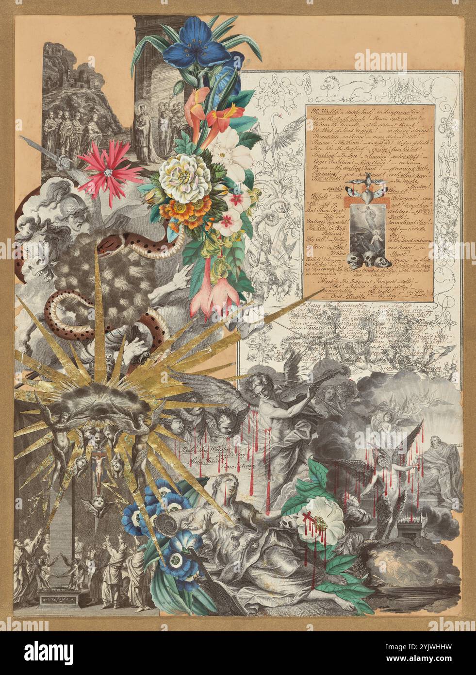 Collage, 1850er-1860er Jahre Zusätzliche Informationen: Der englische Amateur-Künstler John Bingley Garland schuf diese Collage, indem er Drucke und Goldfolienpapier auf einem großen, hellfarbenen Blatt Papier anordnete. Er verschönerte die Collage mit rotem, undurchsichtigem Aquarell, das Bluttropfen nachahmte. Garland arrangierte diese Elemente, um das Layout einer mittelalterlichen beleuchteten Manuskripte nachzuahmen. In der linken oberen Ecke klebte Garland eine Seite aus der Faksimile-Ausgabe des Heiligen Römischen Kaisers, Maximilian I.&#x2019;s Prayer Book (1513–15), die unter anderem ein monströses geflügeltes Wesen und eine Szene des Todesarms enthielt Stockfoto