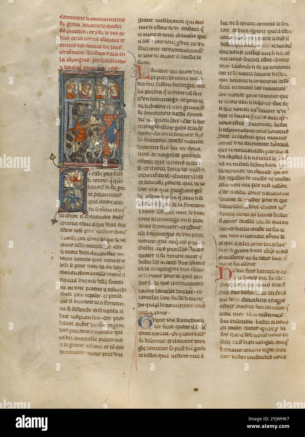 Ein Turnier vor der Burg von Pucelles; Roman du Bon Chevalier Tristan, Fils au Bon Roy Meliadus de Leonois, um 1320–1340. Seite aus einem Buch, das auf der mittelalterlichen Ritterromantik von Tristan und Iseult basiert, auch bekannt als Tristan und Isolde. Die Illustratorin Jeanne Montbason (aktiv um 1325–1353) war eine französische Künstlerin und Buchhändlerin, die zusammen mit ihrem Mann einen Buchladen in Paris leitete. Stockfoto