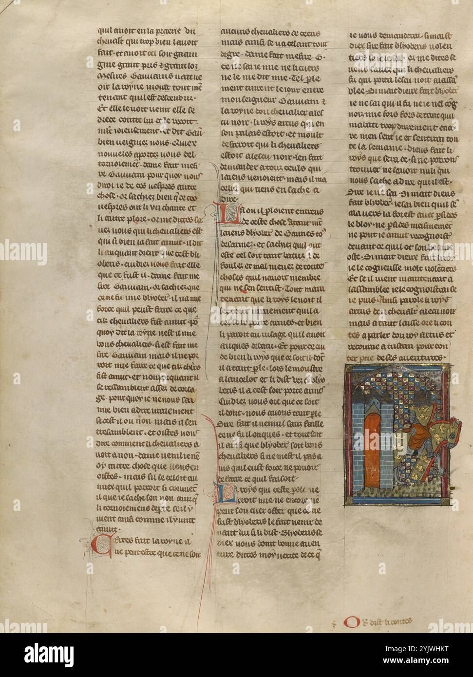 Tristan kehrt vom Turnier zurück; Roman du Bon Chevalier Tristan, Fils au Bon Roy Meliadus de Leonois, um 1320–1340. Seite aus einem Buch, das auf der mittelalterlichen Ritterromantik von Tristan und Iseult basiert, auch bekannt als Tristan und Isolde. Die Illustratorin Jeanne Montbason (aktiv um 1325–1353) war eine französische Künstlerin und Buchhändlerin, die zusammen mit ihrem Mann einen Buchladen in Paris leitete. Stockfoto