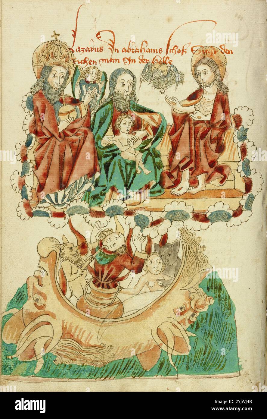 Lazarus im Busen Abrahams, des reichen Mannes in der Hölle; Barlaam und Josaphat, 1469. Illustration aus „Barlaam und Josaphat“, einer Romantik in Versen, von Rudolf von Ems. Barlaam und Josaphat, auch bekannt als Bilawhar und Budhasaf, waren christliche Heilige, deren Geschichte auf dem Leben des Gautama Buddha basierte. Der Legende nach verfolgte ein indischer König die christliche Kirche in seinem Reich. Nachdem Astrologen voraussagten, dass sein Sohn eines Tages Christ werden würde, sperrte der König den jungen Prinzen Josaphat ein, der dennoch den Einsiedler Saint Barlaam traf und zum Christentum konvertierte Stockfoto