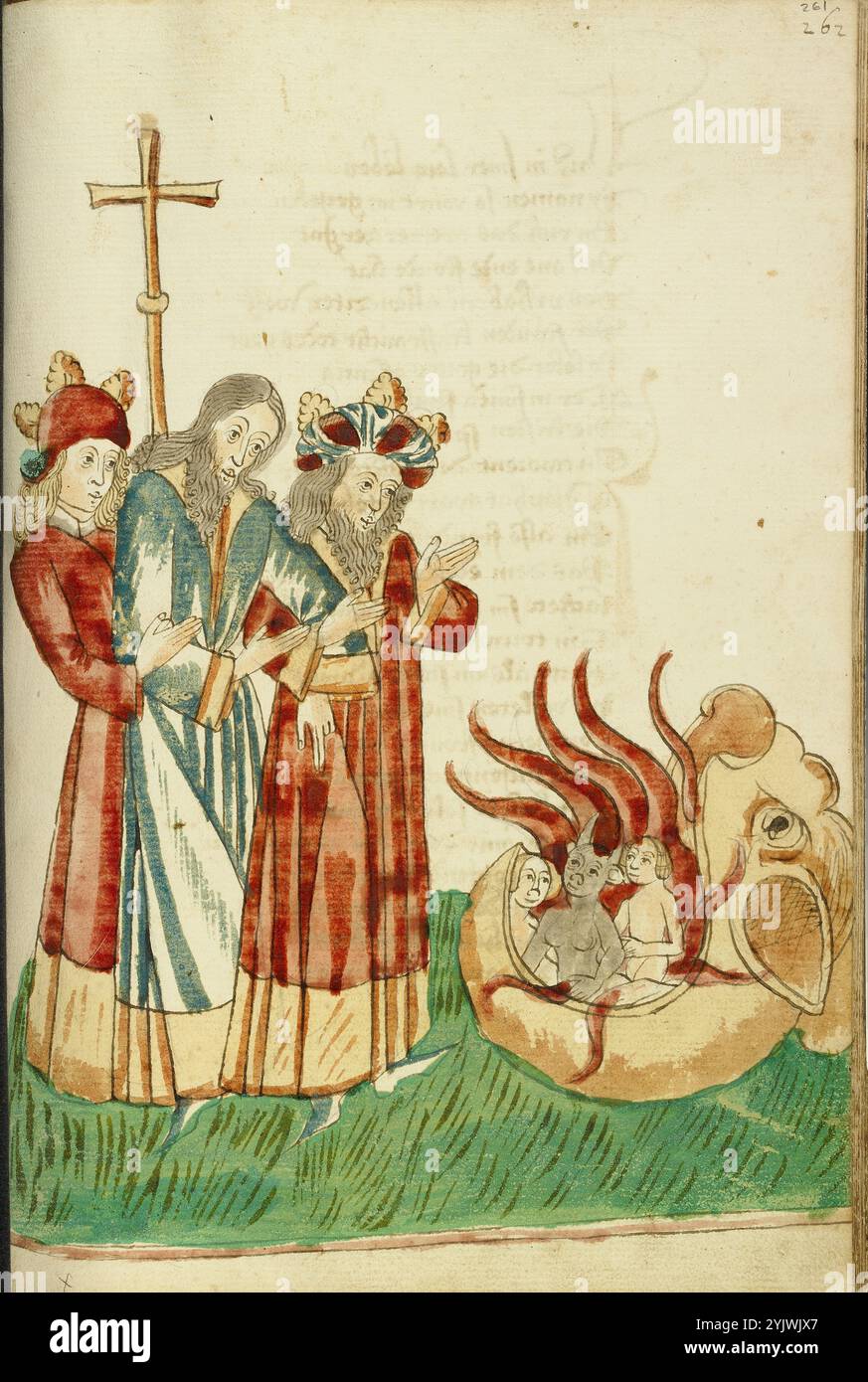 König Avenir, Josaphat und Nachor siehe den Höllenmund; Barlaam und Josaphat, 1469. Illustration aus „Barlaam und Josaphat“, einer Romantik in Versen, von Rudolf von Ems. Barlaam und Josaphat, auch bekannt als Bilawhar und Budhasaf, waren christliche Heilige, deren Geschichte auf dem Leben des Gautama Buddha basierte. Der Legende nach verfolgte ein indischer König die christliche Kirche in seinem Reich. Nachdem Astrologen voraussagten, dass sein Sohn eines Tages Christ werden würde, sperrte der König den jungen Prinzen Josaphat ein, der dennoch den Einsiedler Saint Barlaam traf und zum Christianit konvertierte Stockfoto