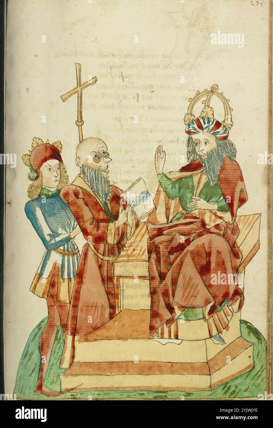 König Avenir spricht mit einem heidnischen Gelehrten in Josaphats Gegenwart; Barlaam und Josaphat, 1469. Illustration aus „Barlaam und Josaphat“, einer Romantik in Versen, von Rudolf von Ems. Barlaam und Josaphat, auch bekannt als Bilawhar und Budhasaf, waren christliche Heilige, deren Geschichte auf dem Leben des Gautama Buddha basierte. Der Legende nach verfolgte ein indischer König die christliche Kirche in seinem Reich. Nachdem Astrologen voraussagten, dass sein Sohn eines Tages Christ werden würde, sperrte der König den jungen Prinzen Josaphat ein, der dennoch den Einsiedler Saint Barlaam traf und zu Chris konvertierte Stockfoto