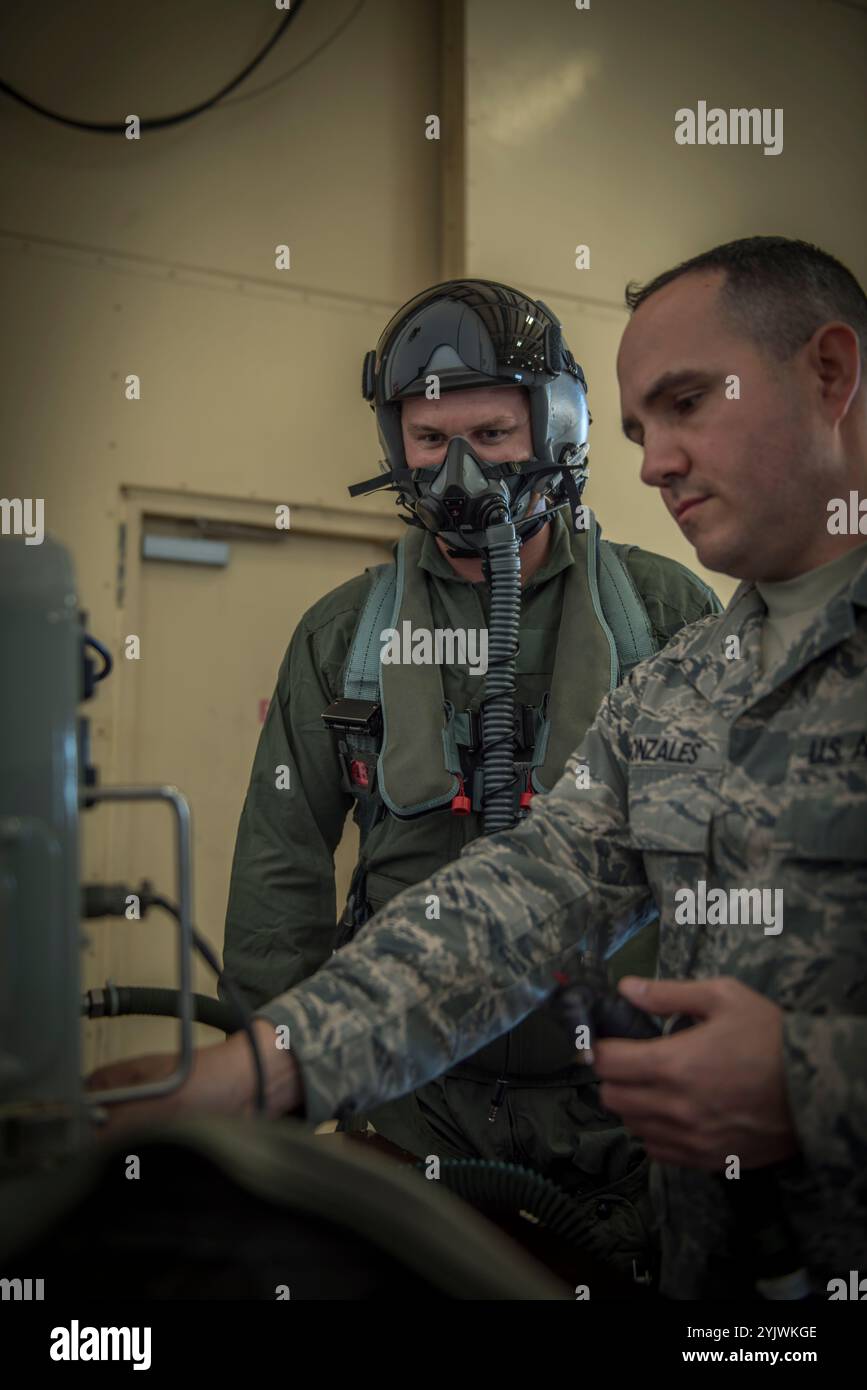 Pete Hegseth, ein Fox News Contributor, besucht am 1. Februar den 138. Jagdflügel, Detachment 1, in Ellington Field, TX, 2017. Hegseth traf sich vor seiner Incentive-Fahrt in einem F-16-Kampffalken mit Personal der 138th Operations Group, um auf die Erfahrung des Fliegens in einem Kampfflugzeug vorbereitet zu sein. (Foto der U.S. Air National Guard von Tech. Sgt. Zeichnete A. Egnoske) Stockfoto