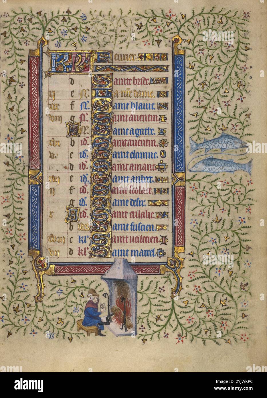 Kalenderseite für Februar: Warmhalten: Pisces; Buch der Stunden, um 1410. Ein Nachfolger des Egerton-Meisters. Stockfoto