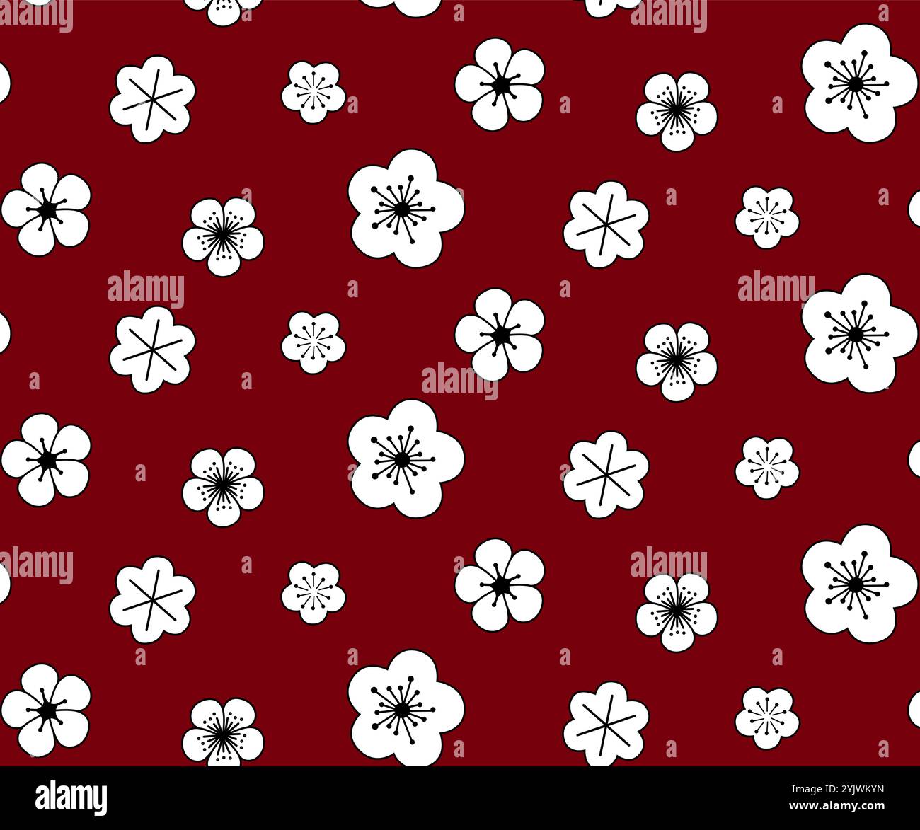 Weiße Blumen auf dunkelrotem Hintergrund. Nahtloses Vektorgrafik-Muster. Schwarz-weiß-Muster mit filigranen Blüten. Vektorabbildung Stock Vektor
