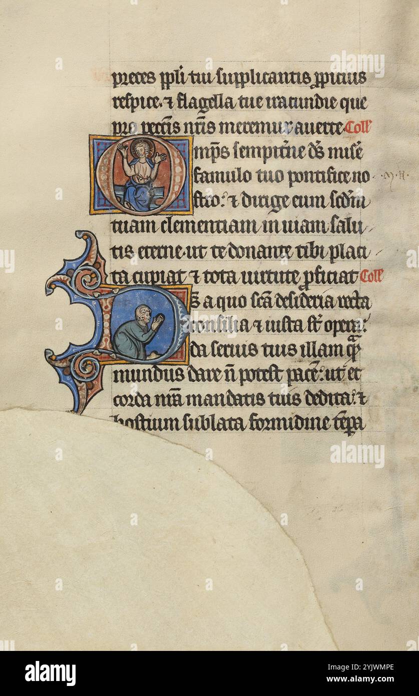 Initial O: Christus thronte mit erhobenen Händen: Initial D: Ein halbniedergewordener Mann im Gebet; Bute Psalter, Text und Beleuchtung um 1285. Stockfoto Initial O: Christus thronte mit erhobenen Händen: Initial D: Ein halbniedergewordener Mann im Gebet; Bute Psalter, Text und Beleuchtung um 1285. Stockfoto