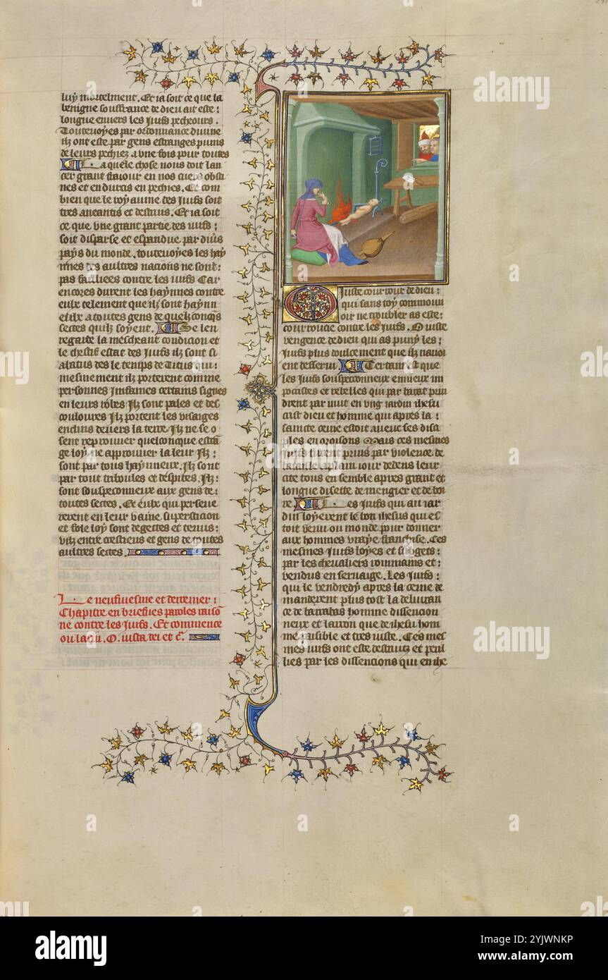 Eine jüdische Frau, die ihr Kind während der Belagerung Jerusalems verschlingt; des cas des Nobles hommes et femmes, etwa 1413–1415. Weitere Informationen: Der Boucicaut-Meister hat oft Zeugen der von ihm dargestellten Ereignisse genannt: Hier beobachten zwei Männer einen entsetzlichen, kannibalistischen Akt durch ein Fenster. Eine jüdische Frau namens Mary isst die Hand ihres Kindes, das sie getötet und geröstet hatte. Als die Römer 70 n. Chr. Jerusalem besetzten, was zu einer schrecklichen Hungersnot führte, hatte Hunger angeblich zu Akten der Verzweiflung geführt. Die Miniatur folgt einer Diskussion über die Belagerung und stellt einen Text vor, der gegen Juden spricht, deren trib Stockfoto