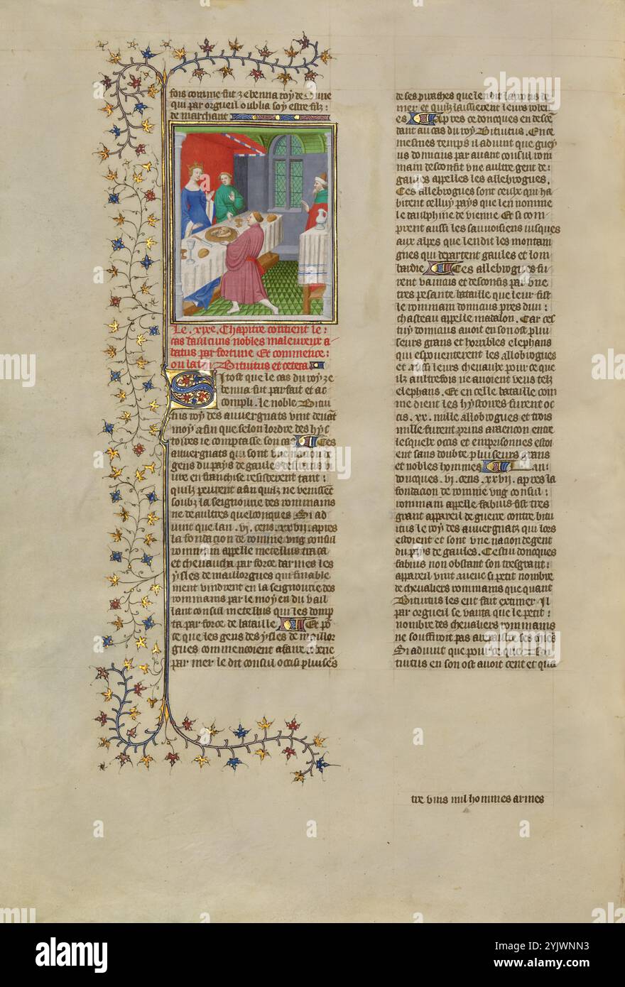 Kleopatra präsentierte den Kopf und die Gliedmaßen ihres eigenen Kindes; des cas des nobles hommes et femmes, um 1413–1415. Zusätzliche Informationen: Obwohl die höfische Eleganz der Miniatur zum Teil den Horror der Erzählung verschleiert, beging Ptolemaios Euergetes, König von Ägypten, einen schrecklichen Akt der Rache an seiner Königin Kleopatra. Nach dem Tod seines Bruders heiratete Ptolemäus Kleopatra, die Witwe seines Bruders. Um zu vermeiden, dass ihr Sohn die Macht teilt, ließ er das Kind, das sowohl sein Neffe als auch sein Stiefsohn war, ermorden. Der abgeschnittene Kopf und die abgeschnittenen Gliedmaßen im Bild gehören jedoch nicht zu diesem Säugling, sondern zu einem zweiten Unfort Stockfoto