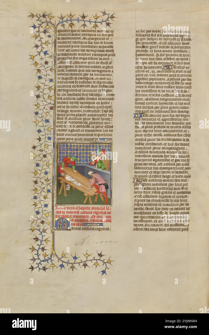 Der Tod des römischen Konsul Marcus Atilius Regulus; des cas des nobles hommes et femmes, um 1413-1415. Weitere Informationen: Zwei grausame karthagische Folterer zerschlagen den römischen Konsul Marcus Atilius Regulus zwischen Stachelbrettern auf Böcken. Die brutale Szene findet in einem niedrigen, grauen Gehege statt. Nach rechts blicken drei ältere, bärtige Männer über die Mauer und betrachten ernsthaft das Schauspiel vor ihnen. Stockfoto