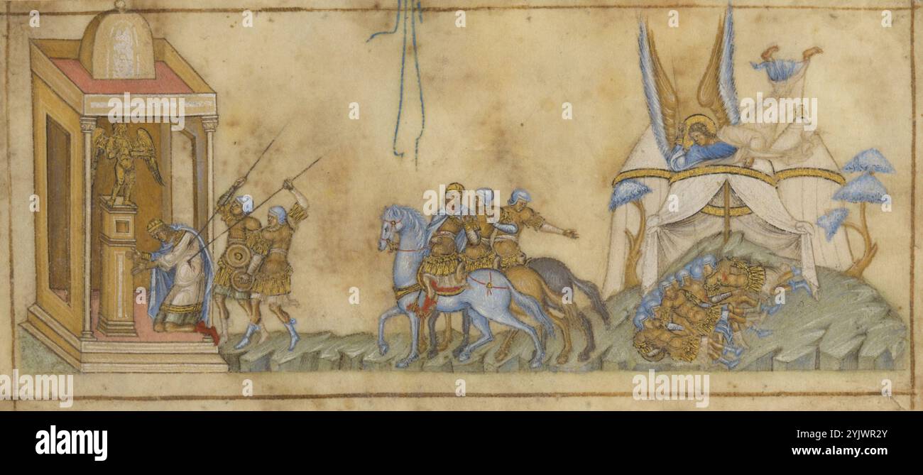 Der Tod von Sanherib; Miniatur aus einem Buch der alttestamentlichen Propheten, um 1300. Als eine von zwei erhaltenen Miniaturen aus einem Buch der Propheten des Alten Testaments, die um 1300 in Sizilien entstanden sind, zeigt die Beleuchtung drei separate Episoden aus der Schlacht der Israeliten mit Sanherib, dem König von Assyrien, dem heutigen Irak, wie der Prophet Jesaja erzählt. Der Engel, der rechts über einem Haufen Leichen fliegt, veranschaulicht die erste Episode: Da ging der Engel des Herrn hinaus und schlug im Lager der Assyrer hundertfünfundachtzigtausend, und als sie früh am Morgen aufstanden, Stockfoto