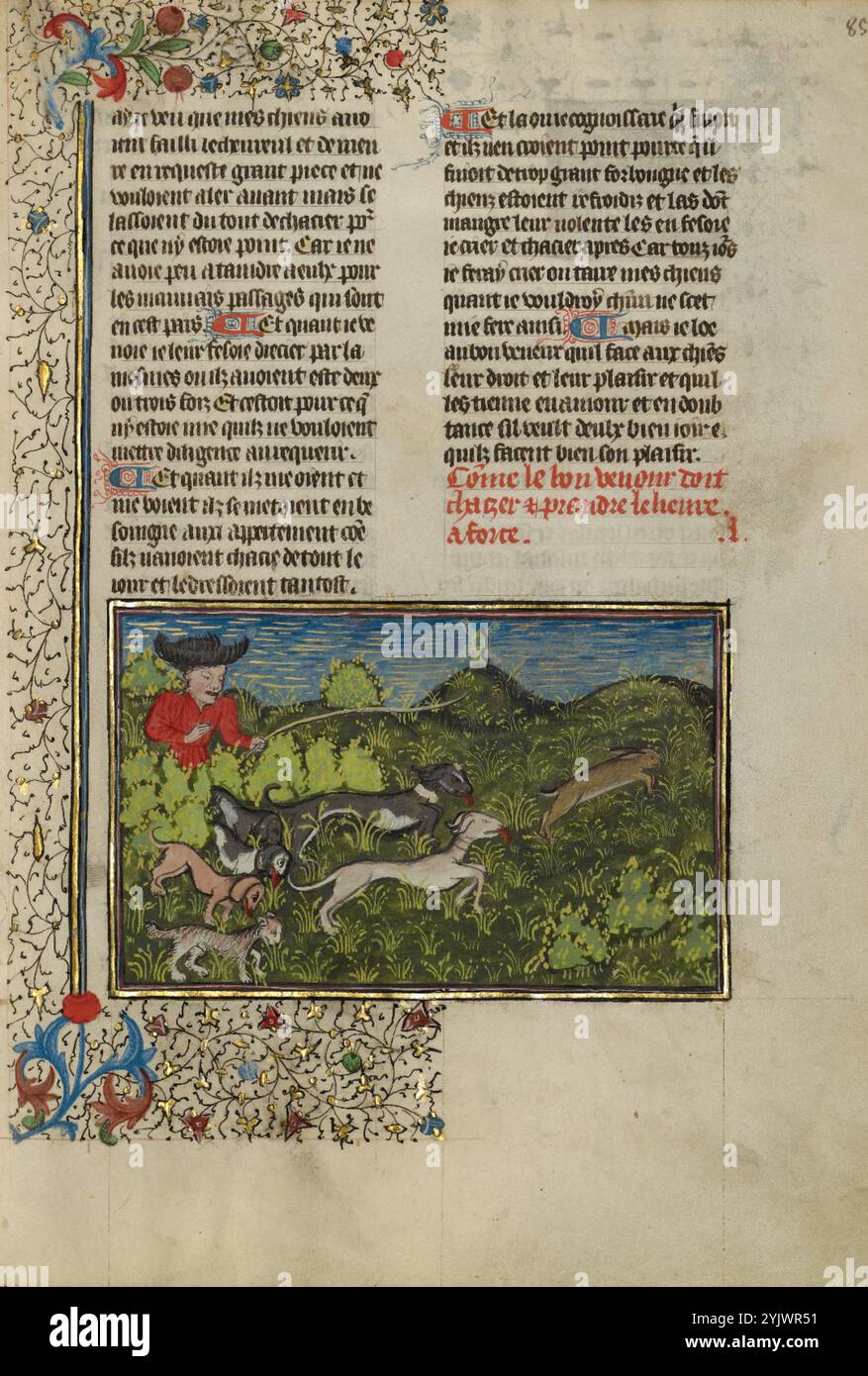 Ein Jäger und Hunde verfolgen einen Hasen; Livre de la Chasse, ca. 1430–1440. Mittelalterliches Jagdbuch. Stockfoto