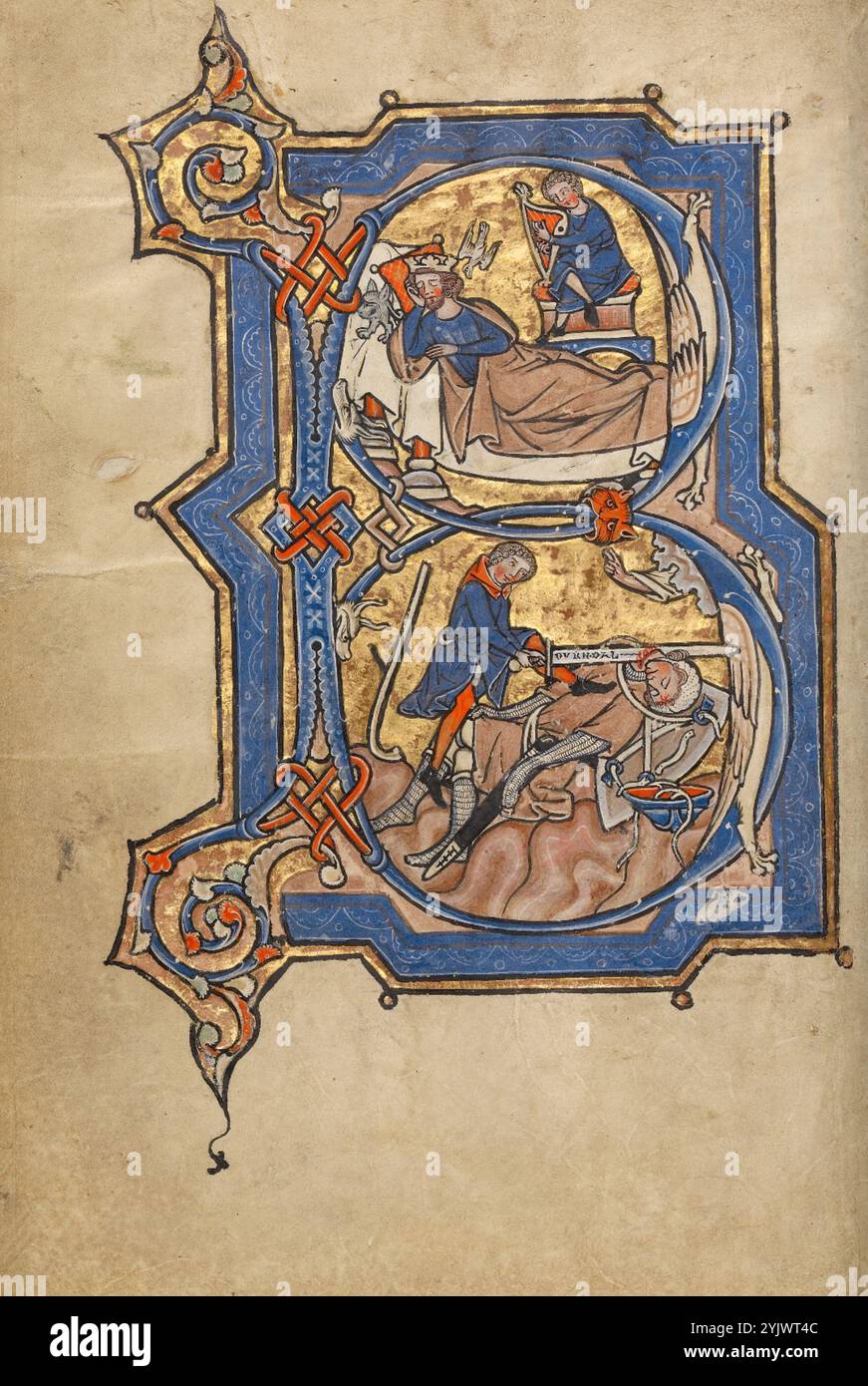 Initial B: David spielt die Harfe für Saul und David und Goliath; Psalter Mitte der 1200er Jahre Stockfoto