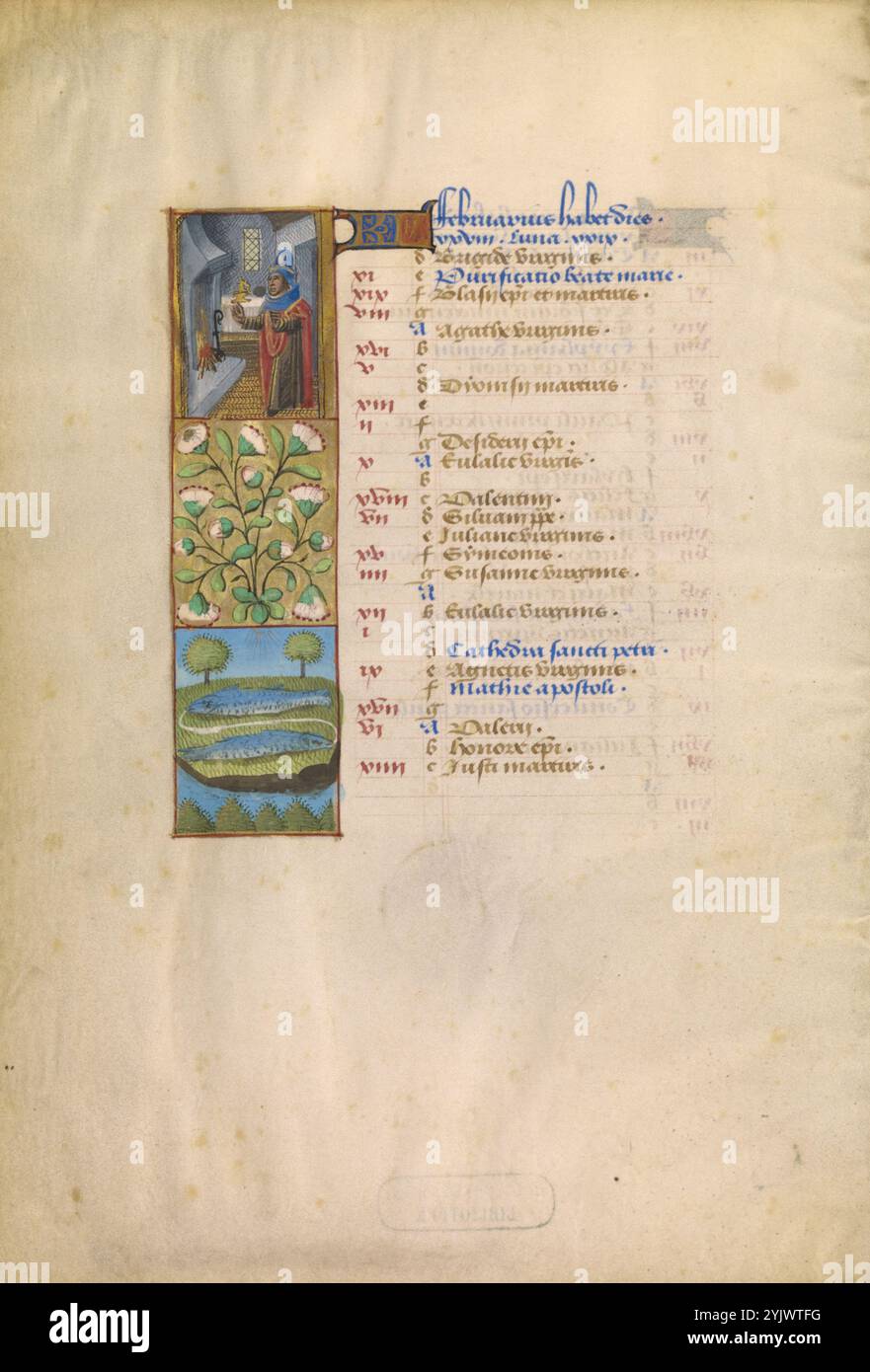 Februar Kalenderseite; Warmhalten; Fische; Katherine Stunden, ca. 1480-1485. Stockfoto