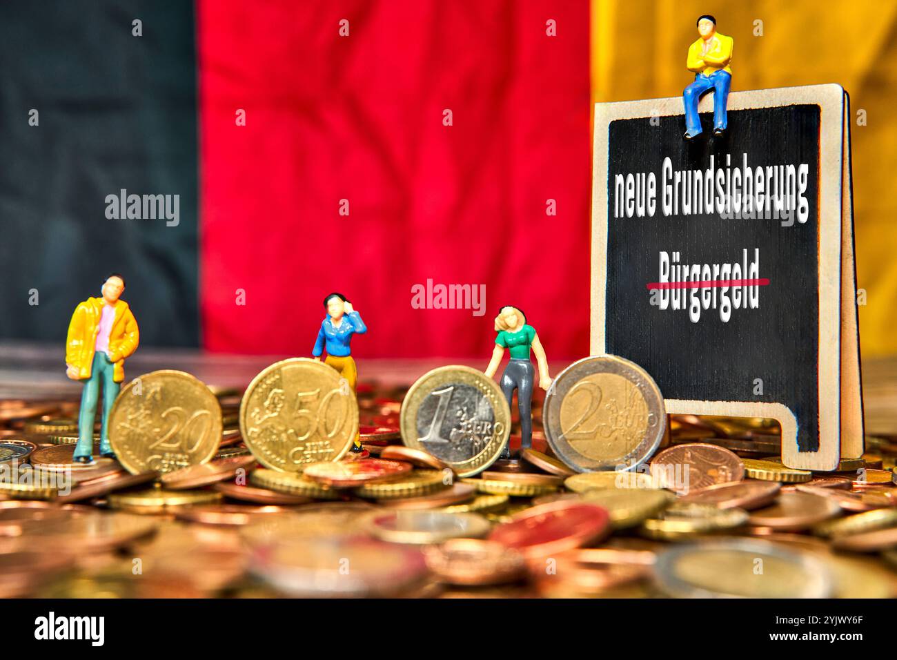 Bayern, Deutschland - 13. November 2024: NEUE GRUNDSICHERUNG in Deutschland, Symbol für das Ende des Einkommens der Bürger oder die Umbenennung und das Projekt von Friedrich Merz von der CDU-Fraktion CSU. FOTOMONTAGE *** NEUE GRUNDSICHERUNG in Deutschland, Symbol für das Ende des Bürgergeldes, bzw. Die Umbenennung und das Vorhaben durch Friedrich Merz der Partei CDU-Fraktion CSU. FOTOMONTAGE Stockfoto