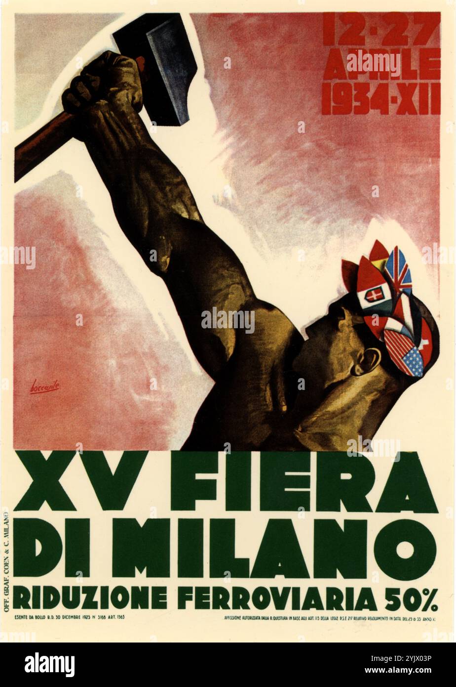 1934 , april , Mailand , ITALIEN : die italienische FIERA CAMPIONARIA DI MILANO aprile 1934 . Poster mit Werk des italienischen Illustrators und Malers GINO BOCCASILE ( 1901 - 1952 ). Kunstwerk von Gino Boccasile. - ANNI TRENTA - 30er Jahre - '30 - pubblicità - Poster - MANIFEST pubblicitario - annuncio - Werbung - ITALIA - ITALIEN - GESCHICHTE - FOTO STORICHE - FASCISMO - FASCHISMUS - FASCISTA - FASCHIST - PROPAGANDA - NOVECENTO - ENTE FIERE - illustrazione - ILLUSTRATION - ARTE - ILLUSTRAZIONE - ILLUSTRATION - Archivio GBB Stockfoto