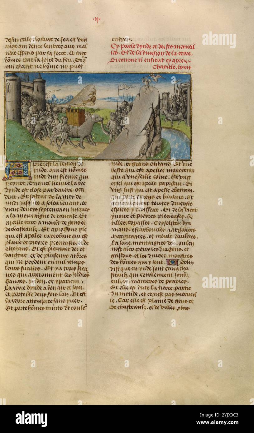 Das Land Indien; Miroir Historial, um 1475. Zusätzliche Informationen: Dieser Teil des Spiegels der Geschichte erzählt von exotischen Orten in der Antike, einschließlich der Wunder des fernen Landes Indien. Der Elefant in der Bildmitte wurde wahrscheinlich aufgenommen, weil das Tier im Text als eine der Kuriositäten Indiens erwähnt wird. Nach der Erscheinung des Tieres zu urteilen, hatte der Illuminator jedoch nie eine Person gesehen und modellierte sein Bild nach einer schriftlichen Beschreibung. Diese fantastischen Darstellungen zeigen die Faszination des mittelalterlichen Publikums für die Länder jenseits Europas. Stockfoto