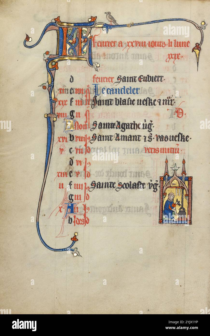 Kalenderseite für Februar; Warmhalten; Ruskin Stunden, ca. 1300. Stockfoto