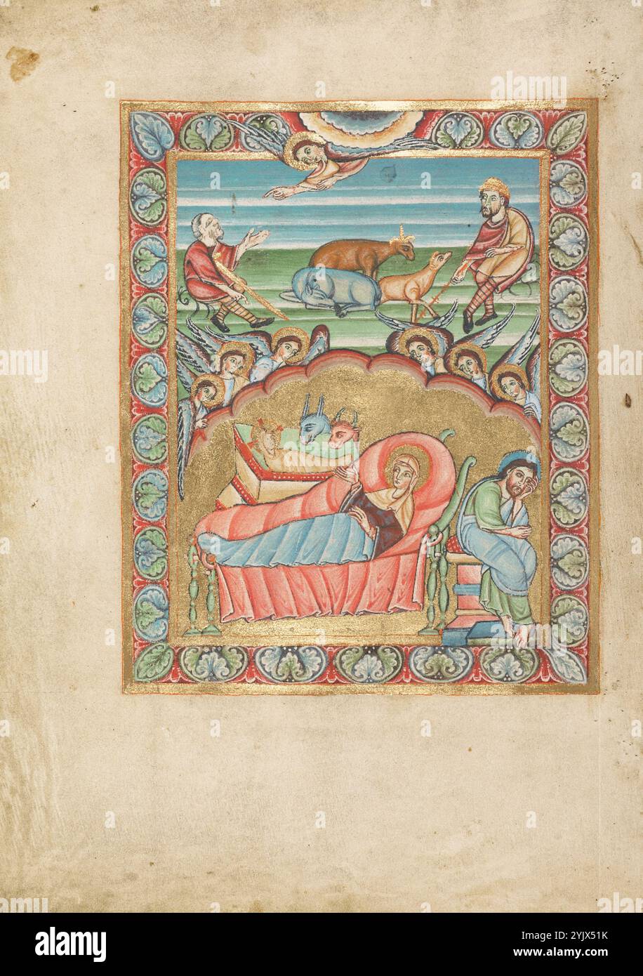 Die Geburt; sakramentär, um 1025-1050. Zusätzliche Informationen: Die Jungfrau Maria lehnt sich auf einem großen, luxuriösen Bett, während der neugeborene Jesus in einer Wiege dahinter ruht und Joseph zur Rechten sitzt. Diese Geburt befindet sich in einer Höhle und erinnert an den Ort in Bethlehem, den Pilger als Ort der Geburt Jesu verehrten. Sechs Engel blicken über den Eingang der Höhle, um das Jesuskind im Inneren zu sehen. In der oberen Hälfte der Miniatur kündigt ein Engel die Geburt des Messias an zwei Hirten an, die ihre Tiere vor einem gestreiften Hintergrund aus Grün und Blau pflegen, um Gras und Himmel zu wecken. Stockfoto