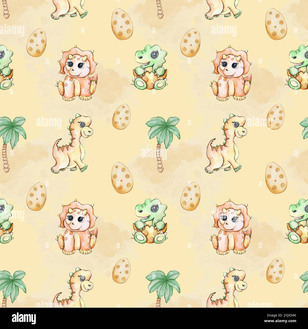 Nahtloses Muster mit süßen Dinosauriern, Palmen und Eiern in Aquarellen Stockfoto