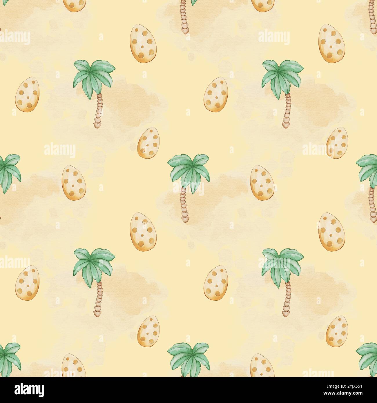 Nahtloses Muster mit süßen Dinosauriern, Palmen und Eiern in Aquarellen Stockfoto