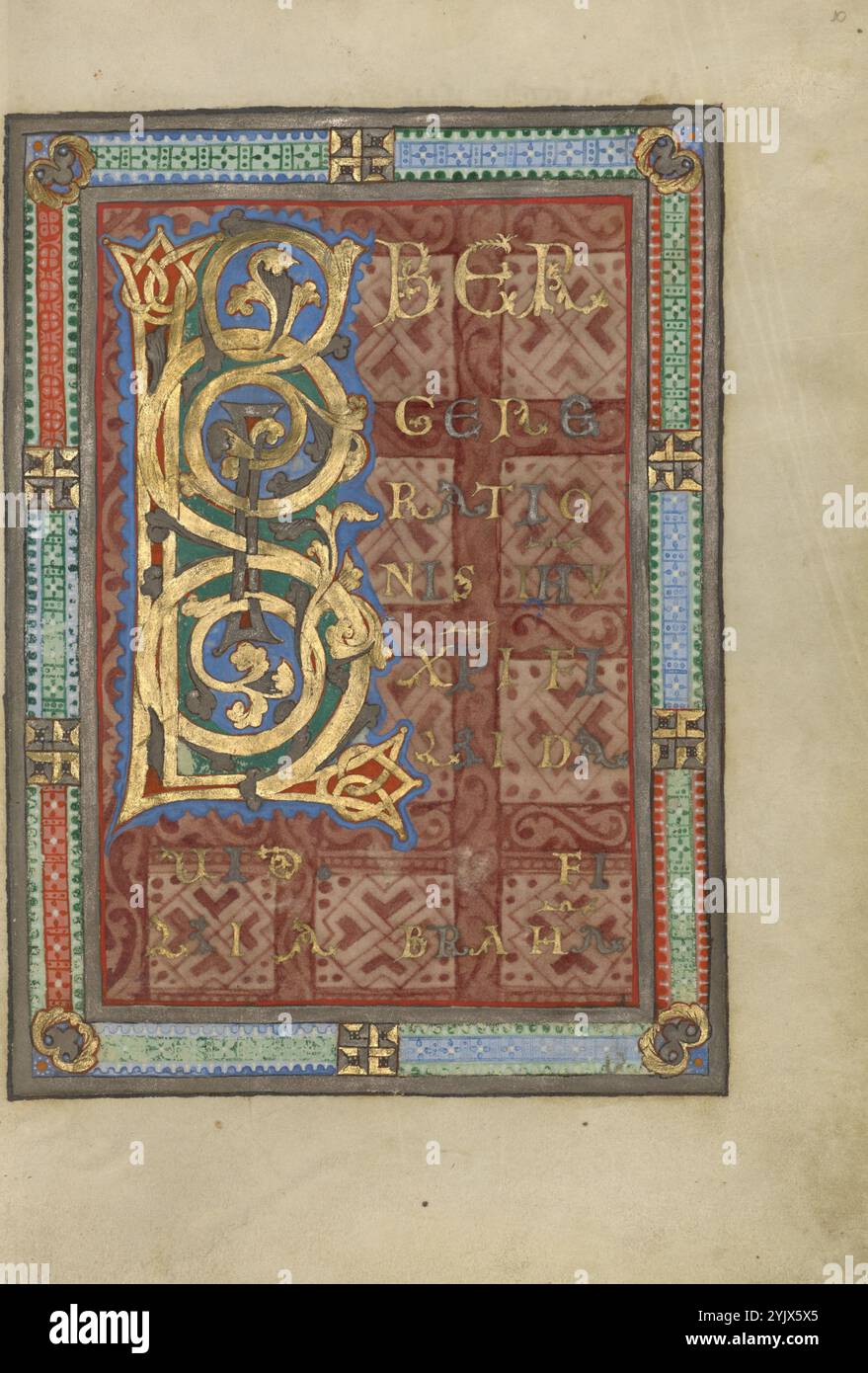 Dekorierte Incipit-Seite; Evangeliumsbuch, ca. 1120-1140. Weitere Informationen: Diese Seite öffnet das Matthäusevangelium mit dem Text Liber generationis ih[es]u xp[ist]i filii David filii Abraha[m] (das Buch der Generation Jesu Christi, des Sohnes Davids, des Sohnes Abrahams). Das lateinische Wort xpisti für Christus wird als Abkürzung mit den griechischen Buchstaben X (Chi) und P (Rho) dargestellt, wie es in mittelalterlichen Manuskripten üblich war. Ein großer Buchstabe L, der aus verflochtenen und spiralförmigen Reben aus Blattgold besteht, erscheint innerhalb des Rahmens aus kompliziertem Design. Der folgende Buchstabe, ich, in Stockfoto