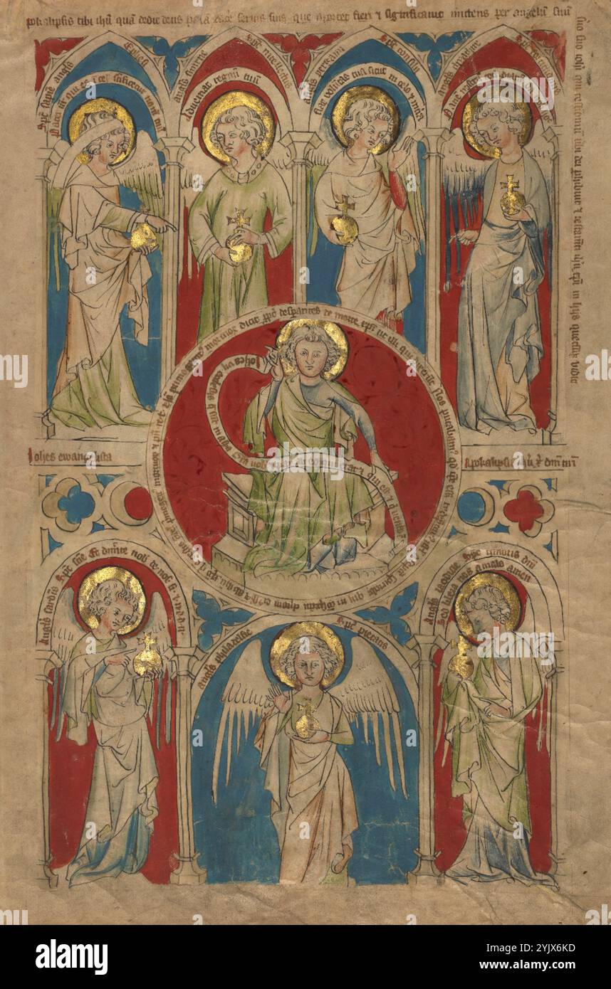 Johannes der Evangelist, umgeben von sieben Engeln, um 1340–1350. Zusätzliche Informationen: In der Mitte ist der Heilige Johannes der Evangelist, der vermutlich der Autor des vierten Evangeliums und des Buches der Offenbarungen (auch bekannt als die Apokalypse oder seine Visionen vom Ende der Welt) ist. Er ist umgeben von Engeln, die die sieben Kirchen repräsentieren, die seine prophetischen Schriften empfangen sollen. Anstatt stillzuhalten, schwankt jeder der sieben Engel anders und erzeugt ein Gefühl von bewegter Bewegung. Die Tradition der deutschen gotischen Beleuchtung zeigt sich in der subtilen und Stockfoto