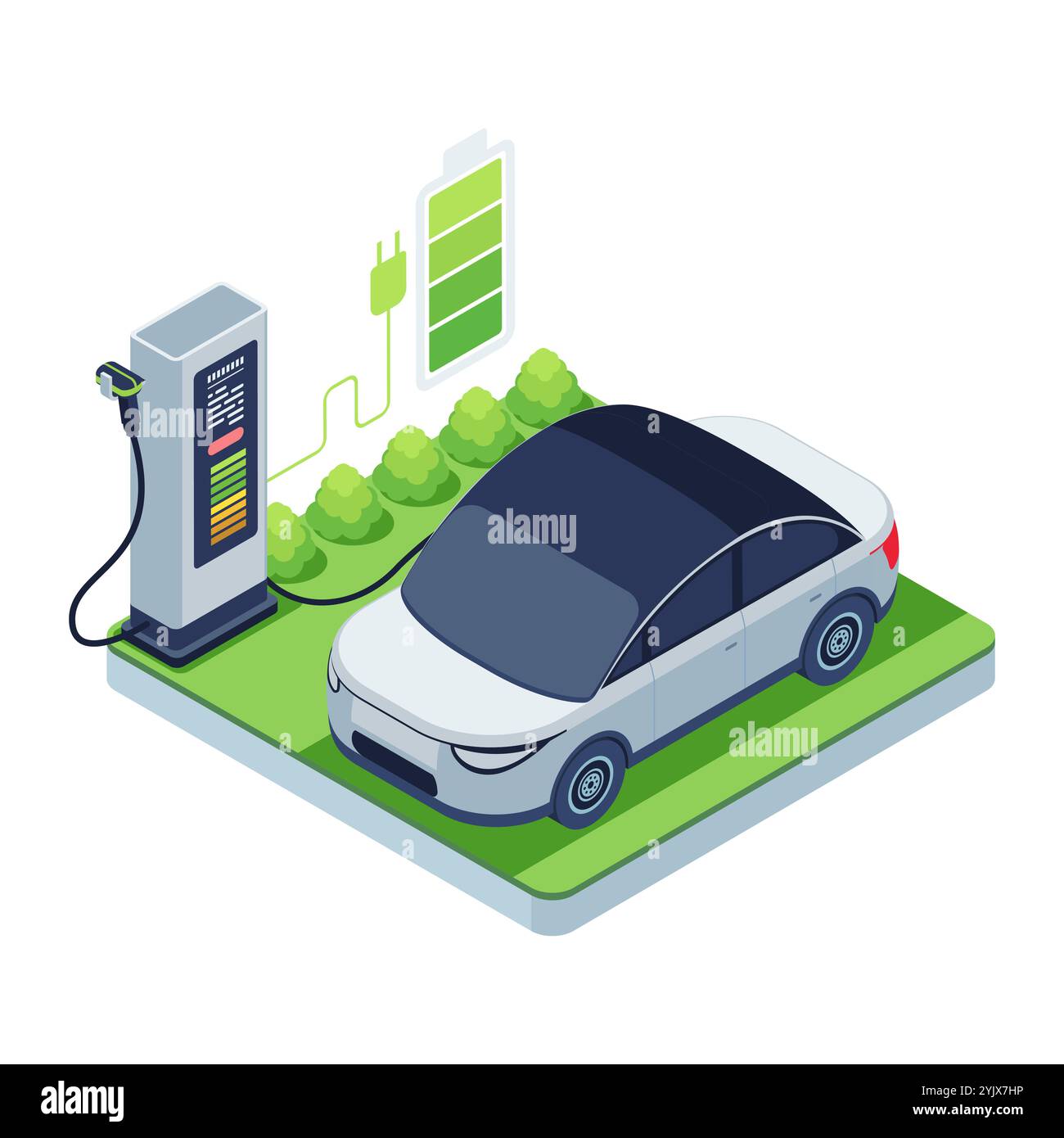 Isometrisches Aufladen eines Elektrofahrzeugs an einer Station mit einem Batteriesymbol, das den Ladefortschritt anzeigt. Konzept Der Elektrofahrzeugtechnik Stock Vektor