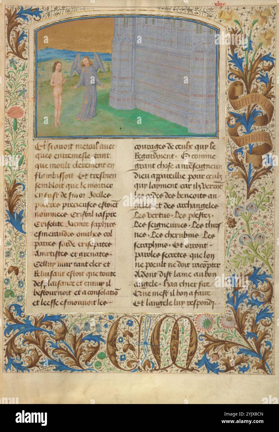 Die Mauer der Metalle und Juwelen um Engel und Heilige; Les Visions du chevalier Tondal, 1475. Zusätzliche Informationen: In dieser letzten Miniatur in der Handschrift bringt der Engel Tondals Seele an eine wunderschöne Mauer im Himmel, die den Verdienersten Trost und Freude schenkt. Die Wand, so der Autor, "schimmerte wie in Flammen mit Kristall, jaspis, Chrysolit, Hyazinthe, Saphir, smaragd, Onyx, Topas, Sardonyx, Chrysoprase, Amethyst und Granat." Tondals Seele ist so inspiriert von dem Anblick, dass er den Engel fragt, ob er für immer bleiben kann. Der Engel erklärt, dass er zurückkehren muss Stockfoto