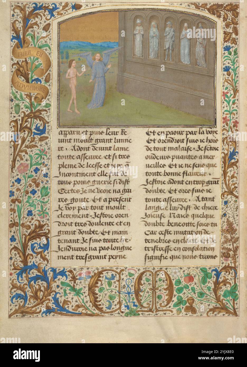 Die Mauer des Himmels, wo die Bösen, aber nicht sehr Bösen in vorübergehendem Unbehagen sind; Les Visions du chevalier Tondal, 1475. Zusätzliche Informationen: Nach dem Besuch der Tiefen der Hölle führt der Engel Tondals Seele in den Himmel, wo er auf Menschen trifft, die in Nischen in einer sehr hohen Mauer stehen. Obwohl sie Wind und Regen ausgesetzt sind, werden die Seelen nicht auf andere Weise gequält. Diese Leute, so erklärt der Engel, "haben nicht großes Böses begangen", aber sie teilten ihre weltlichen Güter auch nicht großzügig mit den Armen. Um einen Kontrast zu den dunklen, feurigen Bildern der Hölle zu schaffen, ein cooles Lumineszenz-Perv Stockfoto