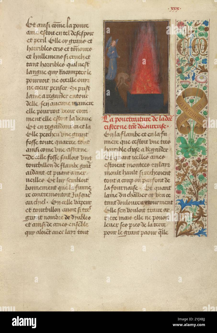 Dämonen zerren Tondal in die Zisterne der Hölle; Les Visions du chevalier Tondal, 1475. Zusätzliche Informationen: Der Engel bringt Tondals Seele in die Zisterne der Hölle, wo Dämonen die Seelen der Sünder in einer Grube kochen, die mit einem übel riechenden Wirbelwind aus Flammen gefüllt ist. Zur Verzweiflung von Tondals Seele schleppen ihn Dämonen in die Grube und drohen, ihn zu ihrem Prinzen Luzifer zu bringen. Plötzlich aber kommt der Engel wieder zu Tondals Hilfe, treibt die Dämonen weg und tröstet ihn. Stockfoto