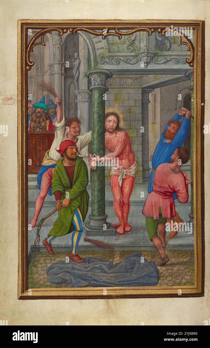 Die Flagellation; Gebetsbuch von Kardinal Albrecht von Brandenburg, um 1525–1530. Zusätzliche Informationen: Christus ist seiner Kleidung entzogen und steht an eine Marmorsäule in der Mitte dieser Miniatur gebunden. Blut von den Schlägen, die er bereits ertragen hat, bedeckt seinen ganzen Körper und bildet einen Pool zu seinen Füßen. Simon Bening entschied sich, den dramatischsten Moment darzustellen: Alle vier Folterer schwingen gleichzeitig ihre Peitschen zurück, sodass der Betrachter die gleichzeitigen Schläge antizipieren kann, die Christi bereits gebrochener Körper ertragen muss. Stockfoto