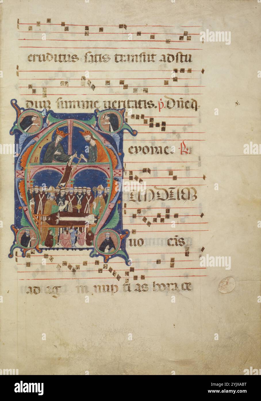 Initial M: Der Tod des heiligen Dominikus, um 1265. Zusätzliche Informationen: Diese beleuchtete Initiale zeigt den Tod des heiligen Dominic Guzman, der Gründer des Dominikanerordens war, einer der einflussreichsten Klostergruppen des späteren Mittelalters. Die Szene wurde teilweise von den Berichten einer Vision inspiriert, die ein Dominikanerbruder namens Fra Guala de Brecia (1180–1244) erlebt hatte. In der Vision sah Fra Guala Dominic auf einer Leiter, die Christus und die Jungfrau Maria hielten, in den Himmel steigen. Unter dieser Szene führen Klerus und Mönche Begräbnisriten über dem Leichnam des heiligen durch. In der Nähe, der arme und kranke Ga Stockfoto