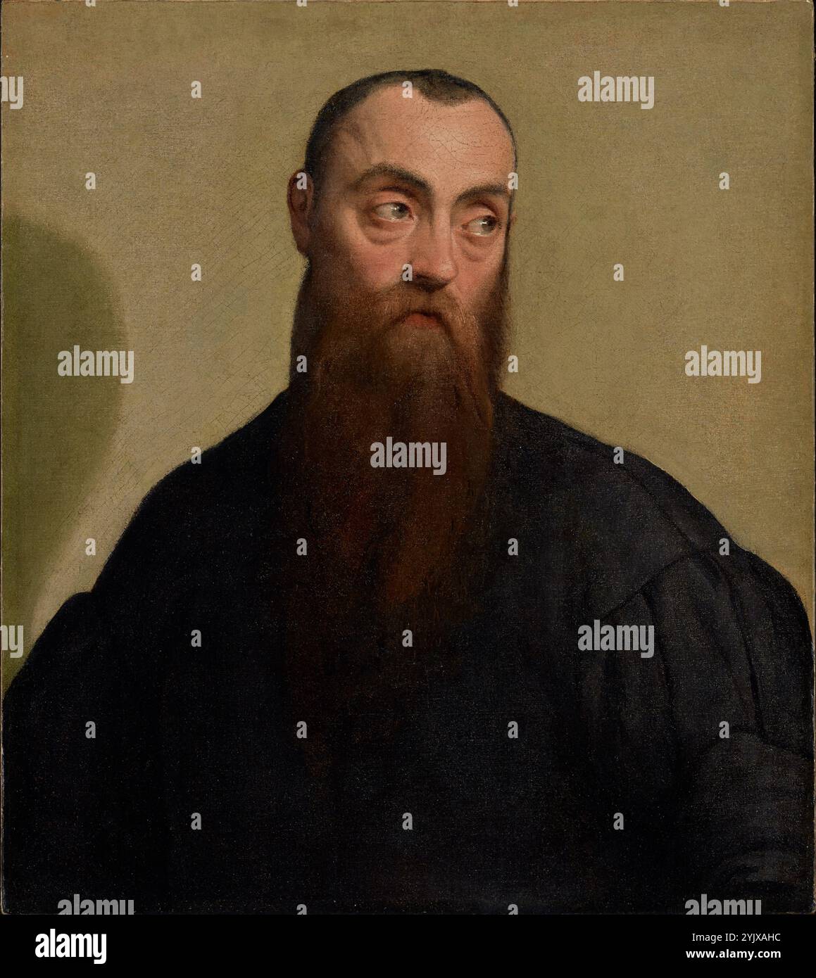 Porträt eines bärtigen Mannes, um 1550. Zusätzliche Info: Ein melancholischer Mann mittleren Alters mit einem floriden Teint, einem langen Bart und großen, tränenden Augen sieht zur Seite, sein Blick ist aufmerksam und scheinbar fasziniert. Gestreutes Licht beleuchtet die charakteristischen Merkmale des Sitters und#x2019;und seine zarten rosa Fruchttöne werden vom minimalistischen grünen Hintergrund abgewogen. Sein Kopf neigt sich nach rechts, als würde er jemanden außerhalb des Bildrahmens hören oder beobachten, sein Mund ist teilweise offen, als wäre er bereit zu sprechen. Die leicht hervortretenden Augen des unbekannten Mannes vermitteln ein Gefühl Stockfoto