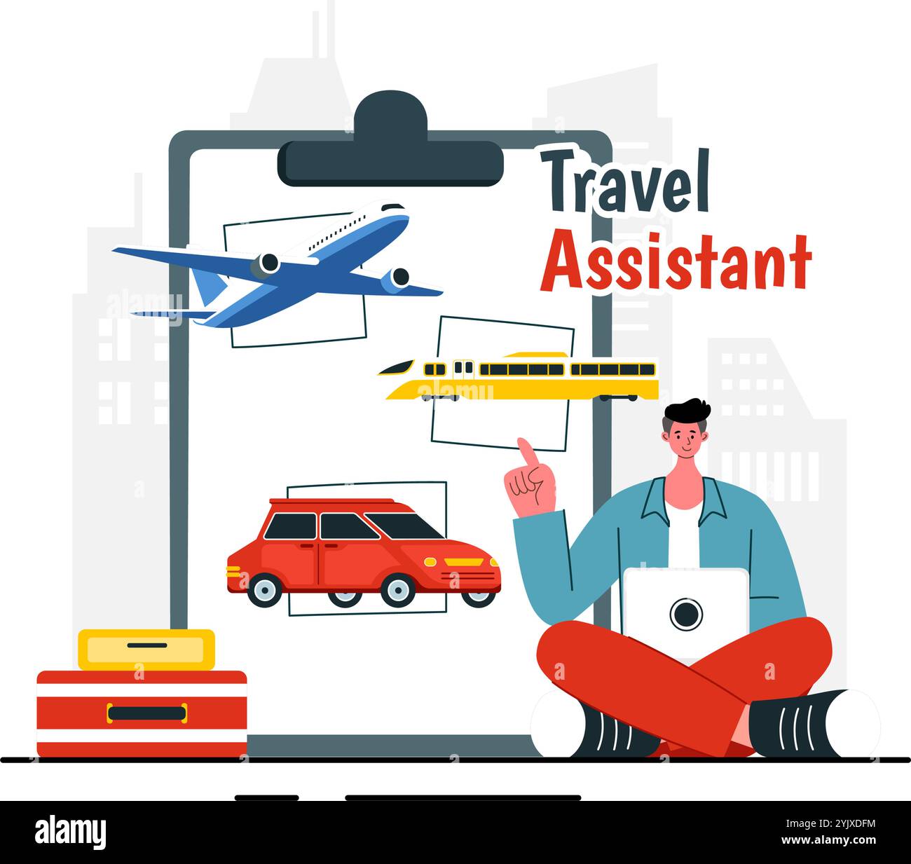 Travel Assistant Vektor-Illustration für Hilfe und Erleichterung von Touristen bei der Planung von Reisepaketen und der Organisation von Tourplänen im Hintergrund Stock Vektor