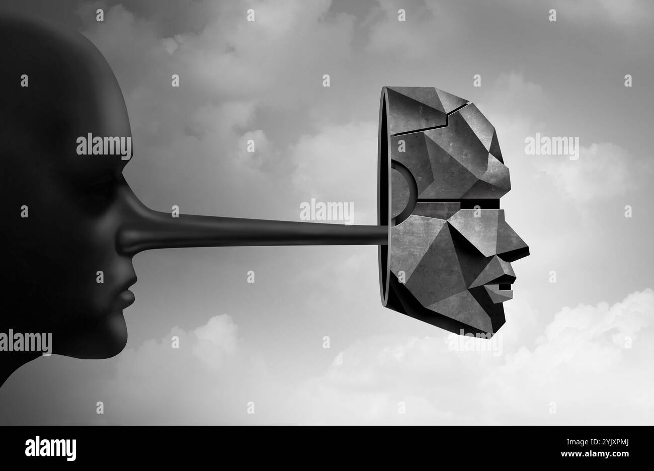 Künstliche Intelligenz und Betrug oder digitale Kriminalität als Technologiesymbol für Cybersicherheit oder Cyberkriminalität als menschlicher Lügner mit Robotern oder Robotertechnologie Stockfoto