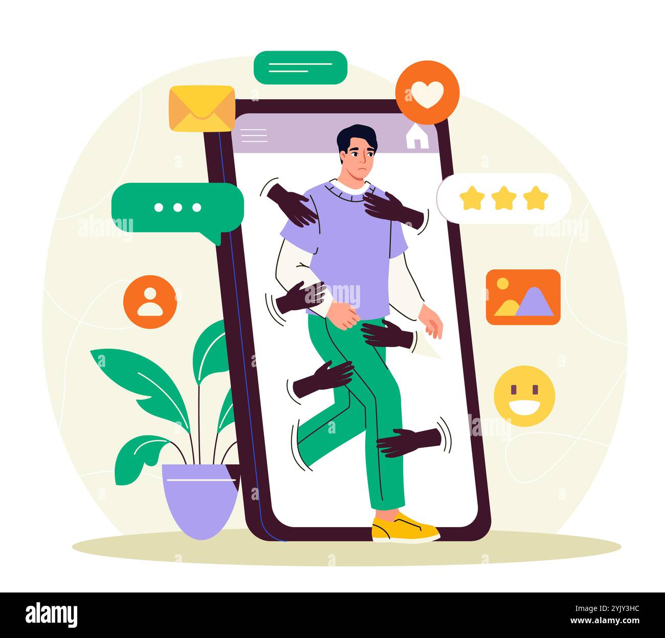 Mann mit Social-Media-sucht. Junger Mann auf dem Smartphone-Display. Psychische und psychische Probleme. Sucht nach Internet und Gadgets. Flacher Vektor Stock Vektor