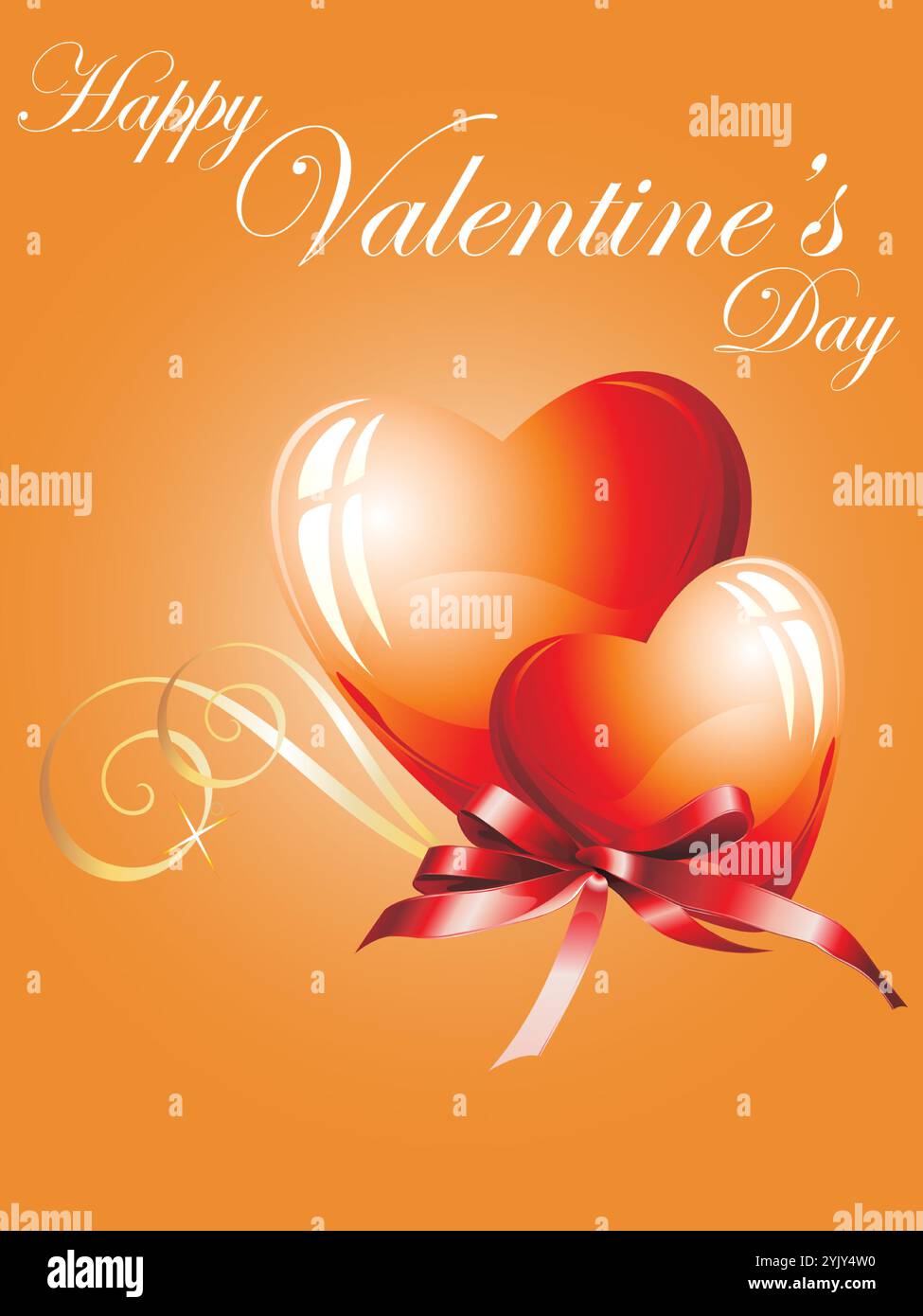 Valentinskarte mit zwei Herzen und einem roten Band. Die Karte ist orange und hat einen goldenen Rand. Happy Valentine Day mit Happy Romance Dating Passion Stock Vektor