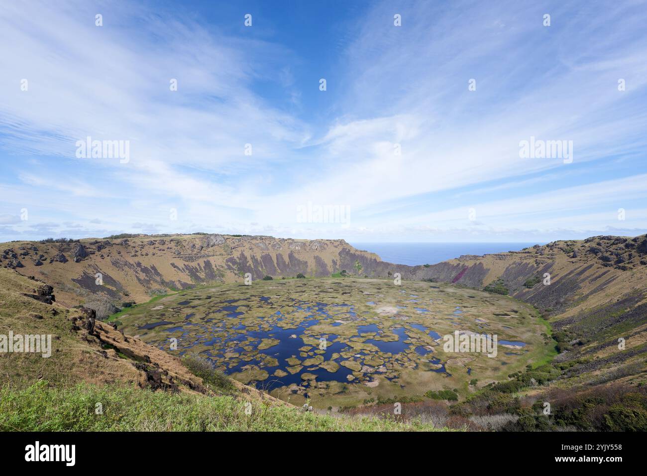 Vulkankrater Rano Kau, Osterinsel Stockfoto