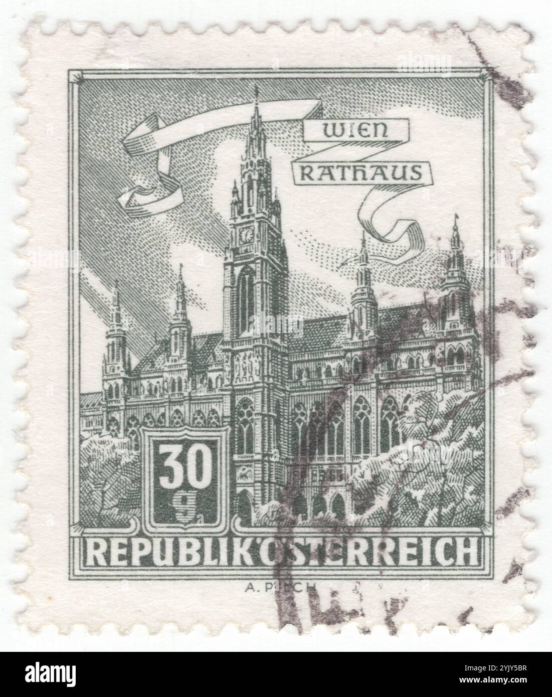 ÖSTERREICH - 1962. November 09: 30 groschengrün-graue Briefmarke mit dem Wiener Rathaus, dem neogotischen Sitz der Wiener Gemeindeverwaltung, am Rathausplatz in der Inneren Stadt. Erbaut von 1872 bis 1883 nach Plänen Friedrich von Schmidt, beherbergt es das Büro des Bürgermeisters von Wien sowie die Kammern des stadtrates und des Wiener Landtags. Für kurze Zeit zwischen 1892 und 1894 war das Wiener Rathaus das höchste Gebäude der Welt, bis es vom Milwaukee Rathaus in den Schatten gestellt wurde Stockfoto